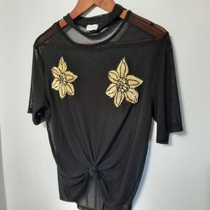 Luxe Black Net Tee with Flower Patches